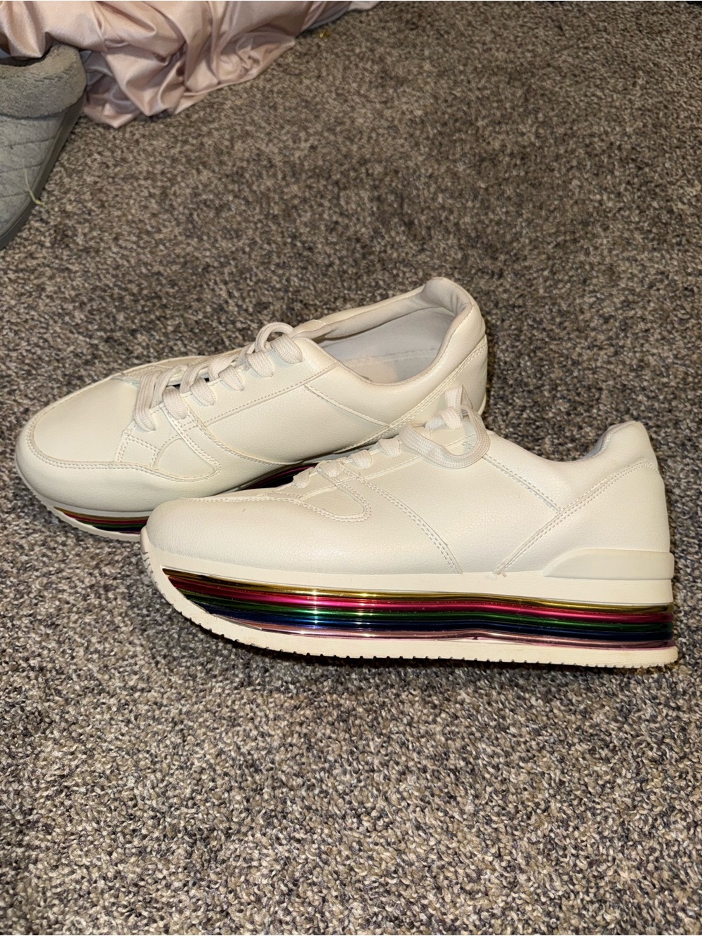 Quipid White Platform Sneakers with Rainbow Stripe Detail